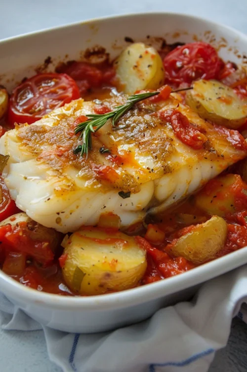 elaboración Bacalao al horno con tomate y patatas panaderas