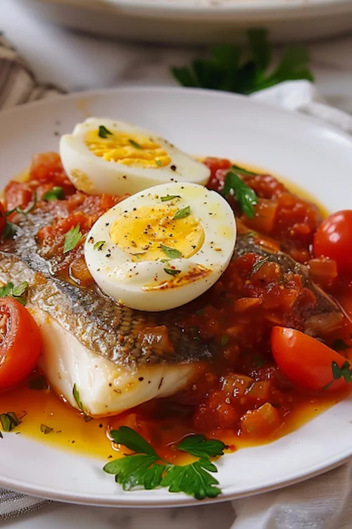 elaboración Bacalao con tomate y huevo duro