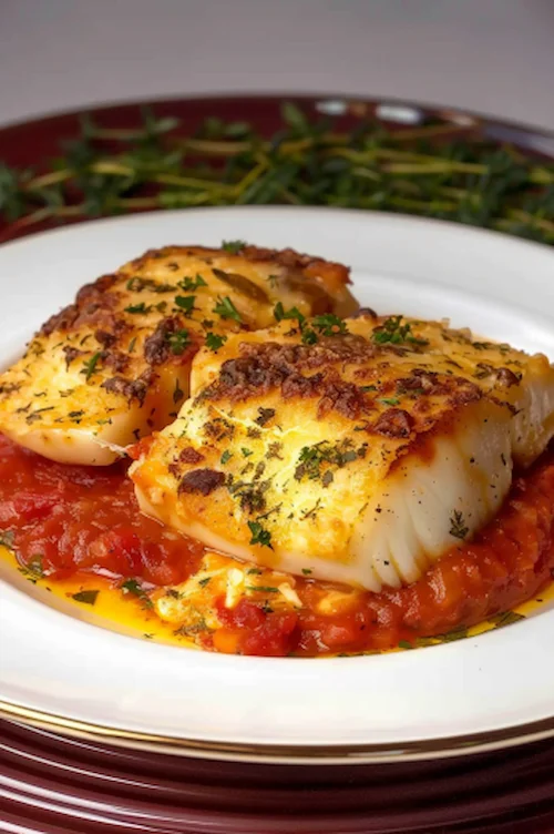 elaboración Bacalao gratinado a la muselina de ajo con coulis de tomate