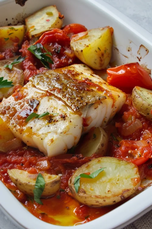 Bacalao al horno con tomate y patatas panaderas