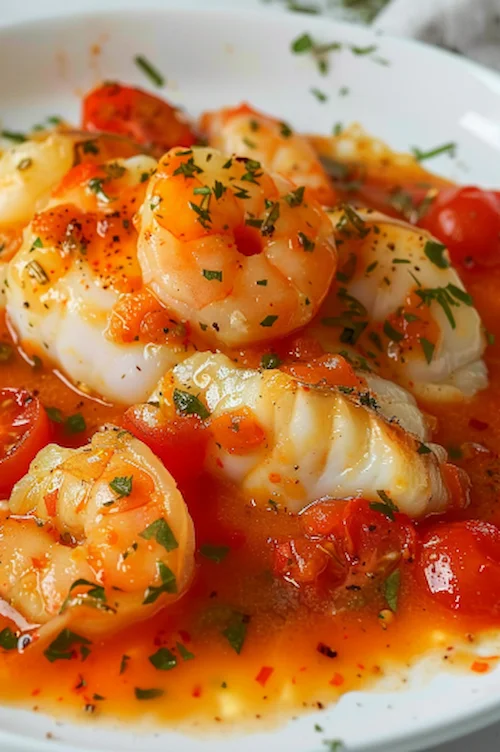 Bacalao con gambas y tomate