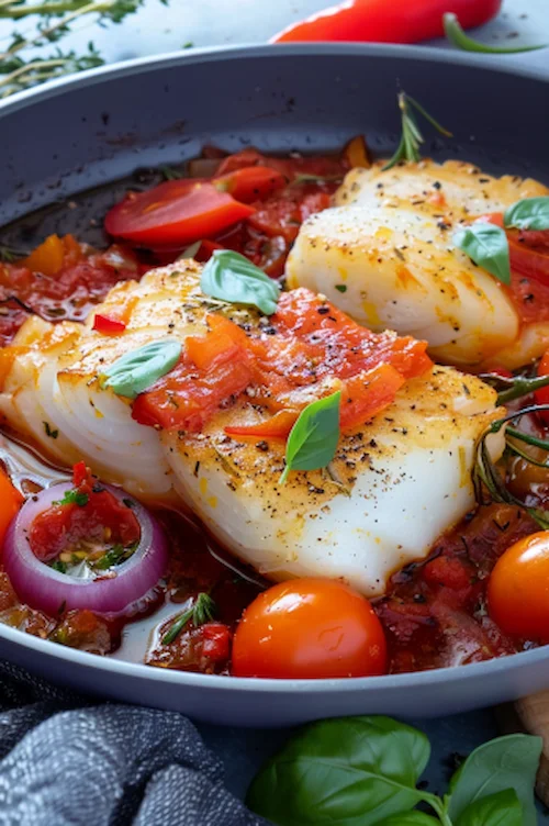 Bacalao con tomate, cebolla y pimiento rojo