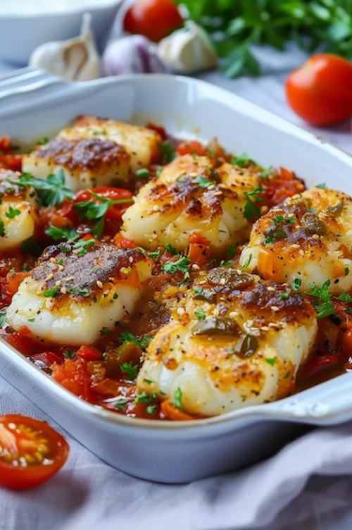 Bacalao con tomate y ajos