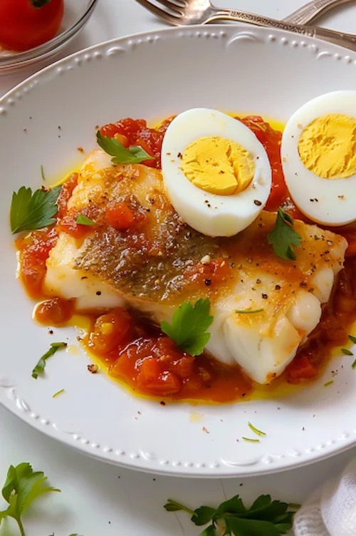 Bacalao con tomate y huevo duro