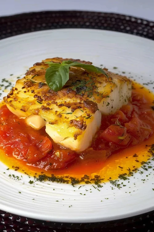 Bacalao gratinado a la muselina de ajo con coulis de tomate