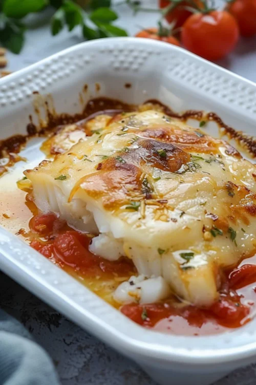 Bacalao gratinado con mayonesa y tomate