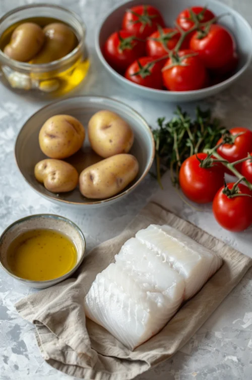 ingredientes Bacalao al horno con tomate y patatas panaderas