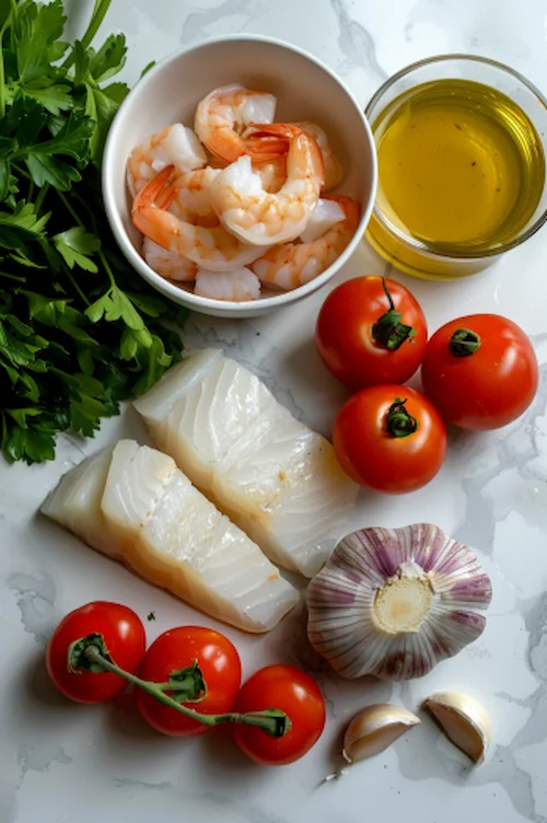 ingredientes Bacalao con gambas y tomate