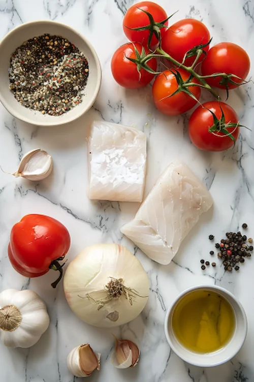 ingredientes Bacalao con tomate, cebolla y pimiento rojo