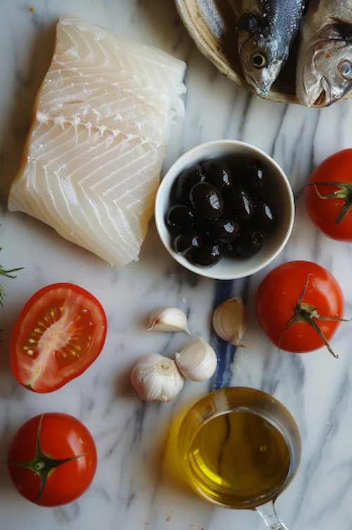 ingredientes Bacalao con tomate y aceitunas negras