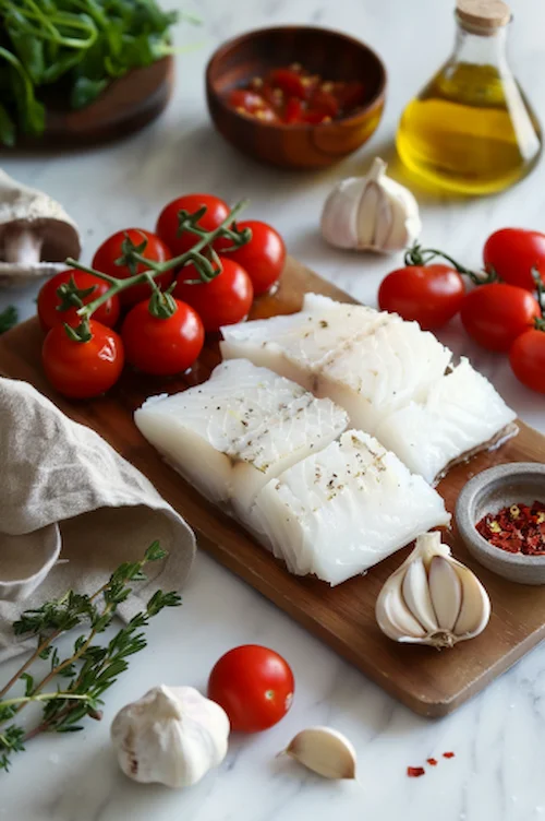 ingredientes Bacalao con tomate y ajos