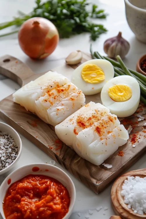 ingredientes Bacalao con tomate y huevo duro