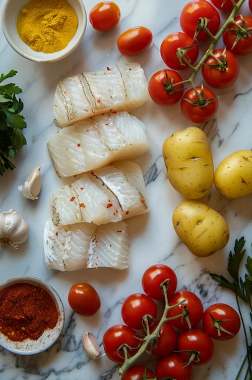 ingredientes Bacalao con tomate y patatas