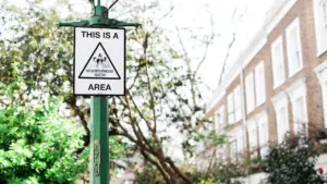 Cartel informativo de vigilancia vecinal en una zona residencial con árboles al fondo.