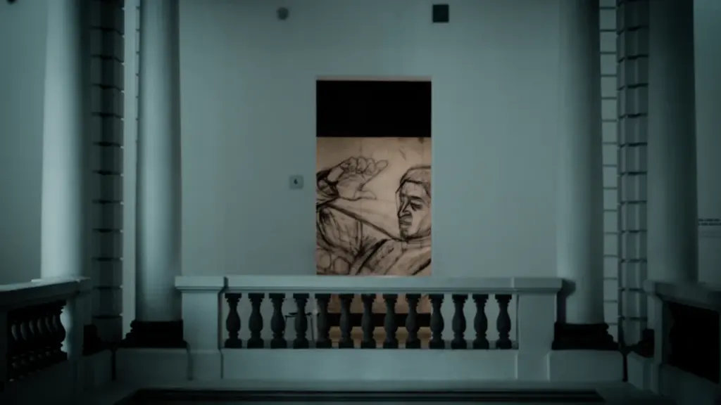 Espacio interior de un museo con arte minimalista y bancos de madera elegantes.