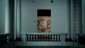 Espacio interior de un museo con arte minimalista y bancos de madera elegantes.