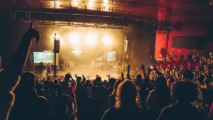 Público disfrutando de un concierto en directo en un auditorio con iluminación escénica.