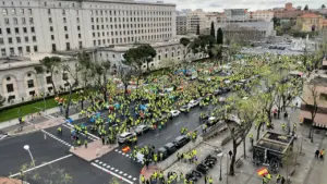 Una gran multitud de manifestantes ocupando una calle en Madrid durante una protesta.