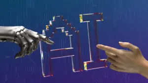 Una mano humana y una robótica interactuando con las letras IA en 3D.